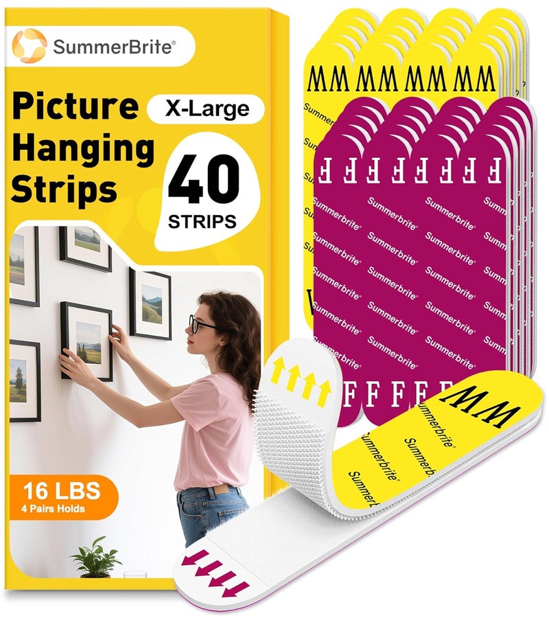 Summerbrite X-Large Picture Hanging Strips Heavy Duty, Damage Free Picture Hangers for Walls without Nails/Tools, Wall Sticky Hook and Loop Adhesive Strips Kit for Poster, Home, Office, 40 Strips/20Pairs, X-Large - Image 1